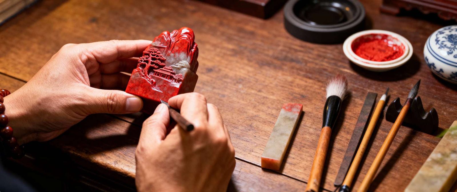 A craftsman hand-carving a seal